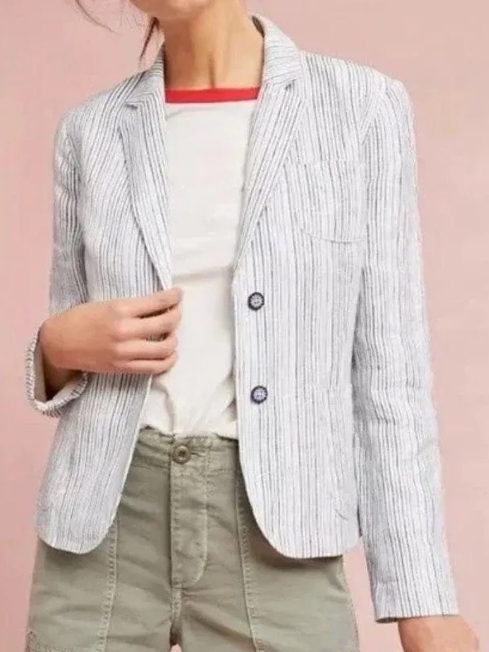 ANTHROPOLOGIE Cartonnier Blue Stripe Beachy Linen Blazer Jacket Size 4 EUC